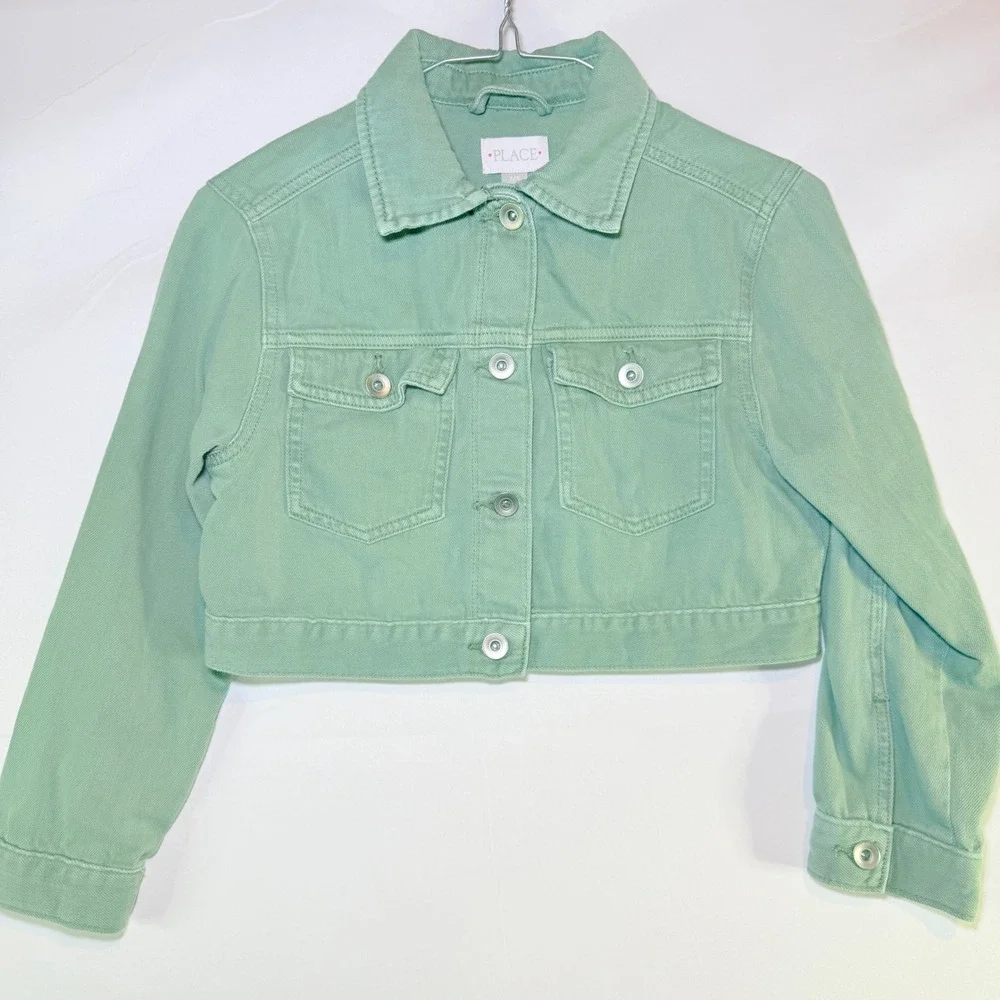 The‎ Childrens Place Girls Seafoam Green Cropped Denim Jacket Size 7/8 M Mint